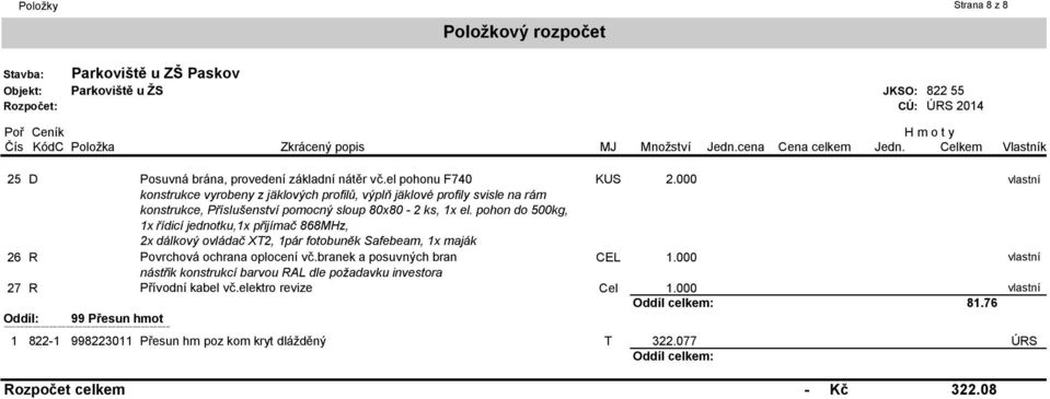 pohon do 500kg, 1x řídicí jednotku,1x přijímač 868MHz, 2x dálkový ovládač XT2, 1pár fotobuněk Safebeam, 1x maják 26 R Povrchová ochrana oplocení vč.branek a posuvných bran CEL 1.