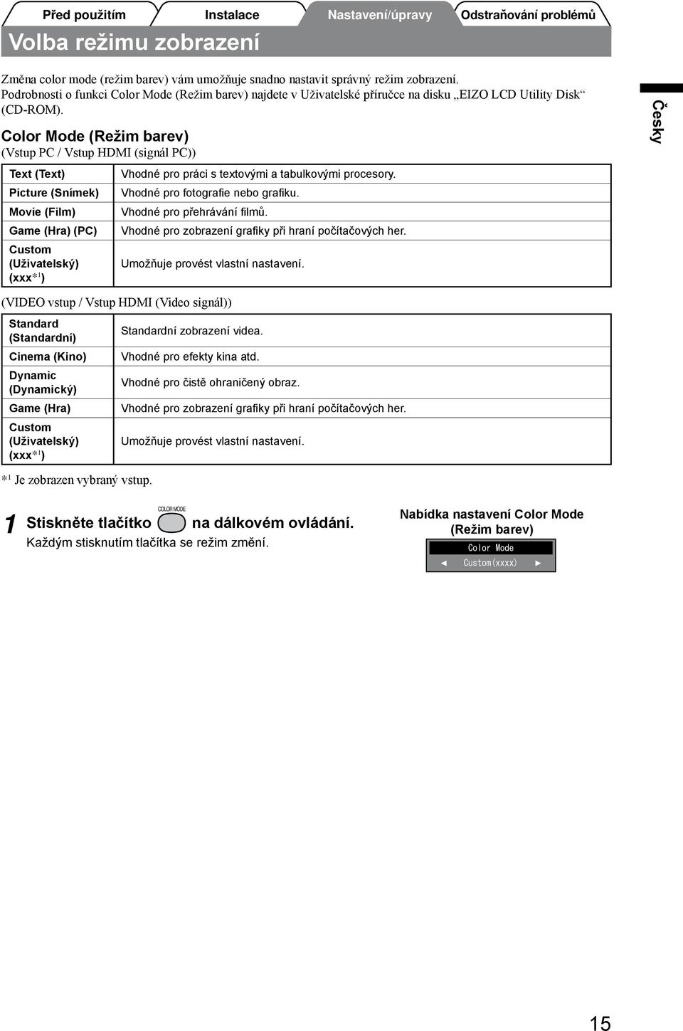 Color Mode (Režim barev) (Vstup PC / Vstup HDMI (signál PC)) Text (Text) Picture (Snímek) Movie (Film) Game (Hra) (PC) Custom (Uživatelský) (xxx* 1 ) Vhodné pro práci s textovými a tabulkovými