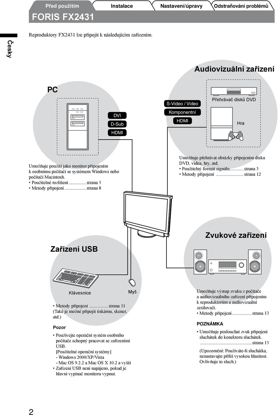 Macintosh. Použitelné rozlišení...strana 3 Metody připojení...strana 8 Umožňuje přehrávat obrázky připojením disku DVD, videa, hry, atd. Použitelný formát signálu... strana 3 Metody připojení.