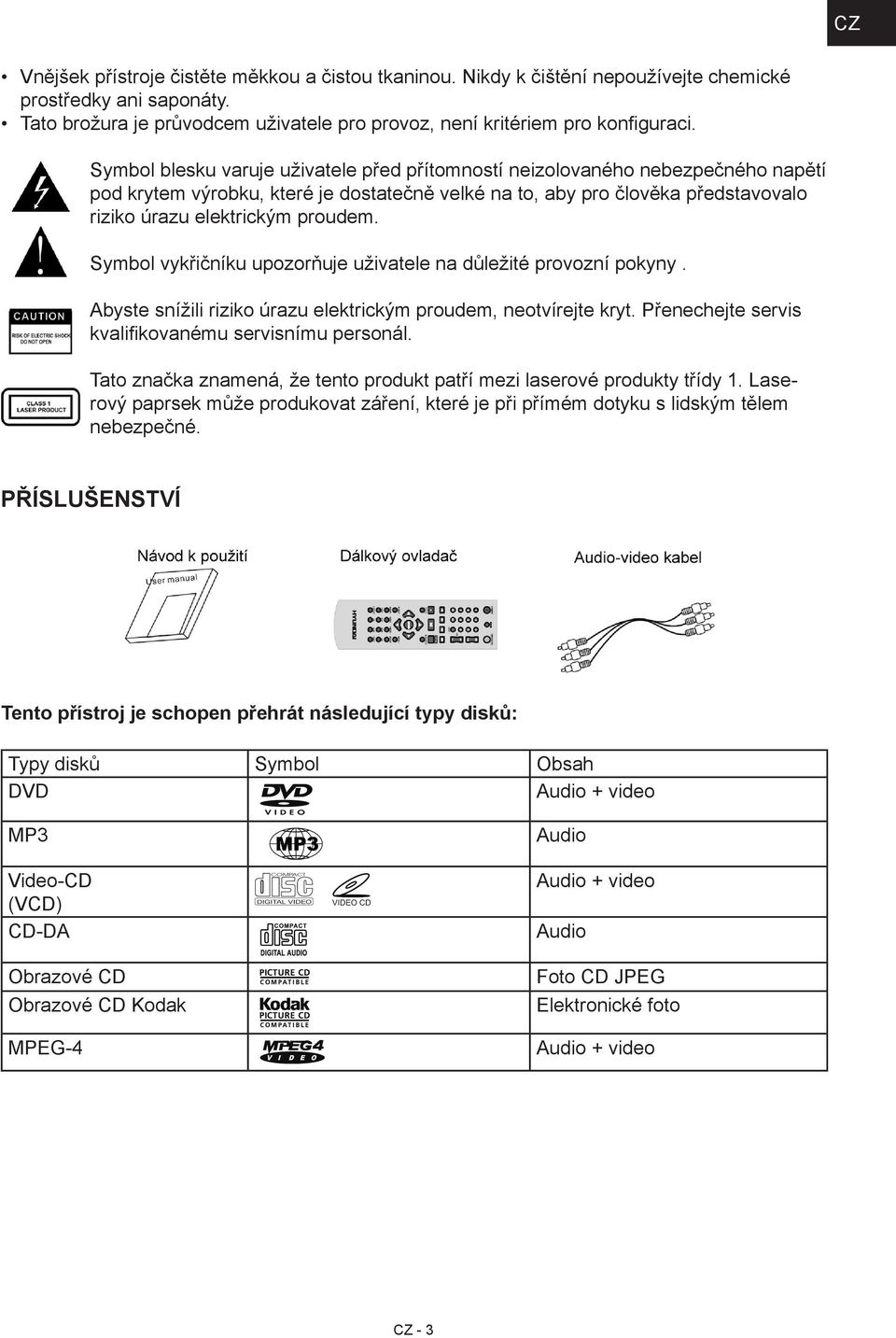 Symbol vykřičníku upozorňuje uživatele na důležité provozní pokyny. Abyste snížili riziko úrazu elektrickým proudem, neotvírejte kryt. Přenechejte servis kvalifikovanému servisnímu personál.