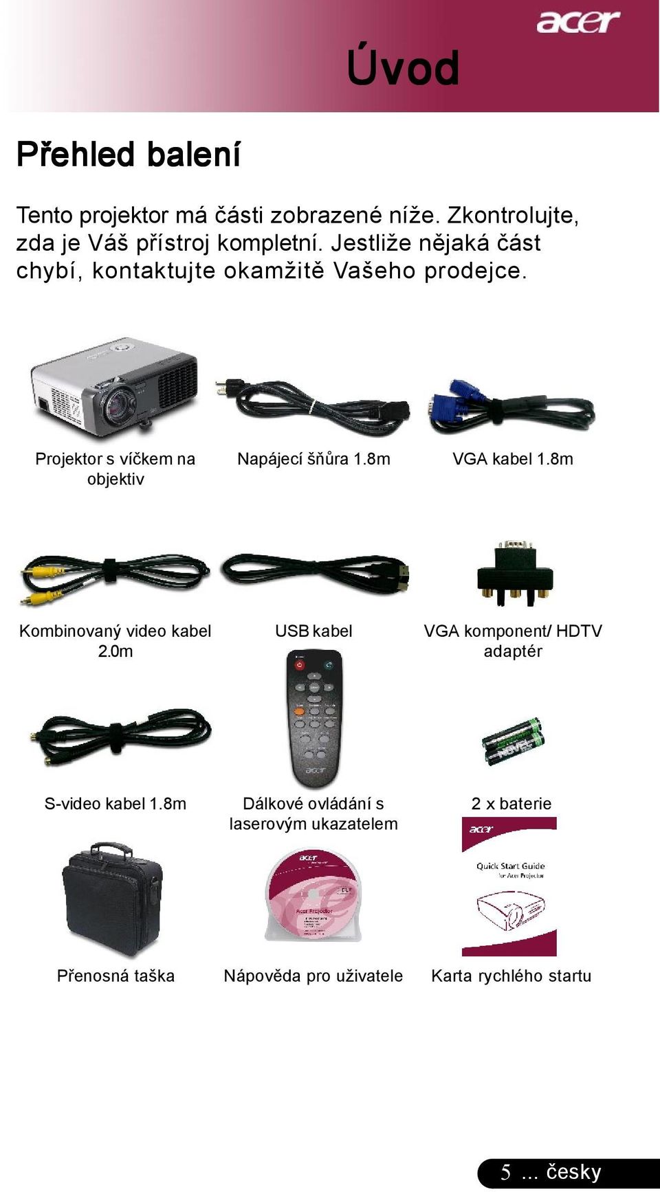 Projektor s víčkem na objektiv Napájecí šňůra 1.8m VGA kabel 1.8m Kombinovaný video kabel 2.