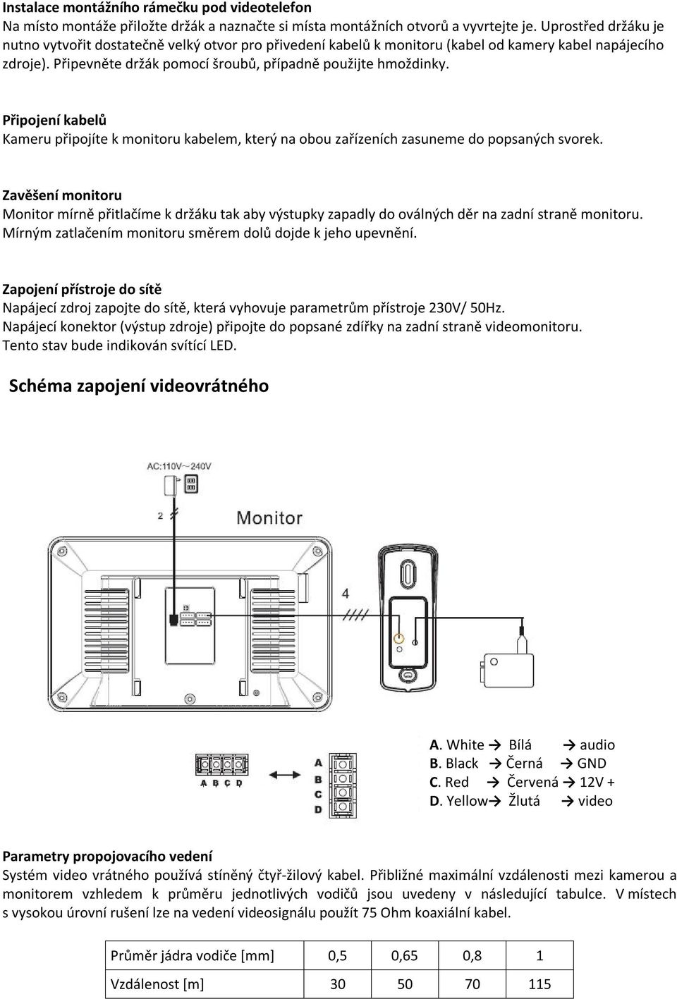 Připojení kabelů Kameru připojíte k monitoru kabelem, který na obou zařízeních zasuneme do popsaných svorek.