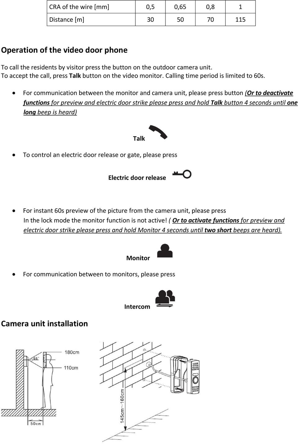 For communication between the monitor and camera unit, please press button (Or to deactivate functions for preview and electric door strike please press and hold Talk button 4 seconds until one long