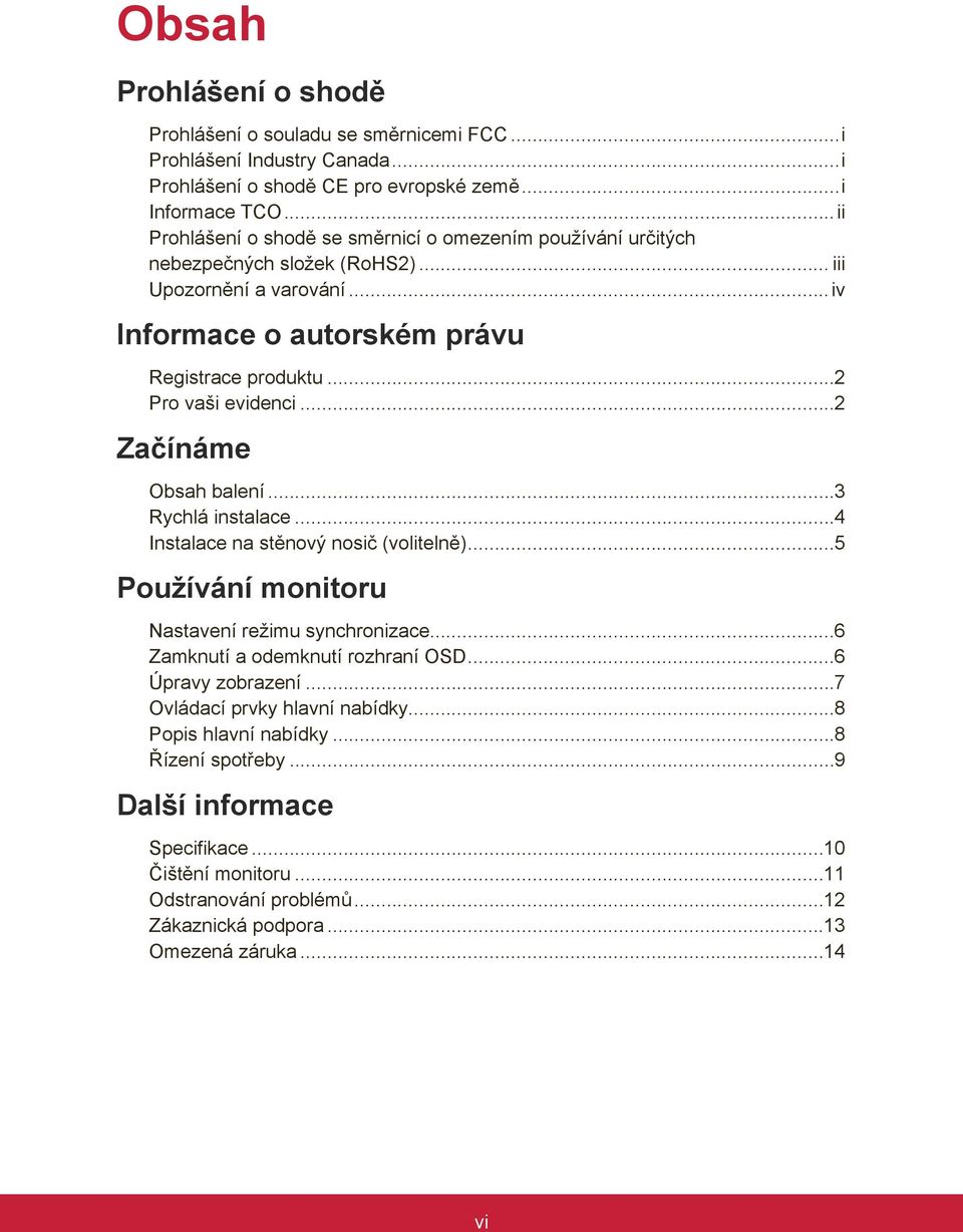 ..2 Pro vaši evidenci...2 Začínáme Obsah balení...3 Rychlá instalace...4 Instalace na stěnový nosič (volitelně)...5 Používání monitoru Nastavení režimu synchronizace.