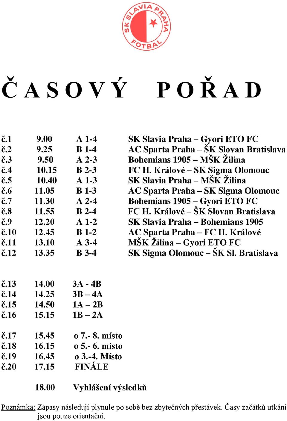 Králové ŠK Slovan Bratislava č.9 12.20 A 1-2 SK Slavia Praha Bohemians 1905 č.10 12.45 B 1-2 AC Sparta Praha FC H. Králové č.11 13.10 A 3-4 MŠK Žilina Gyori ETO FC č.12 13.