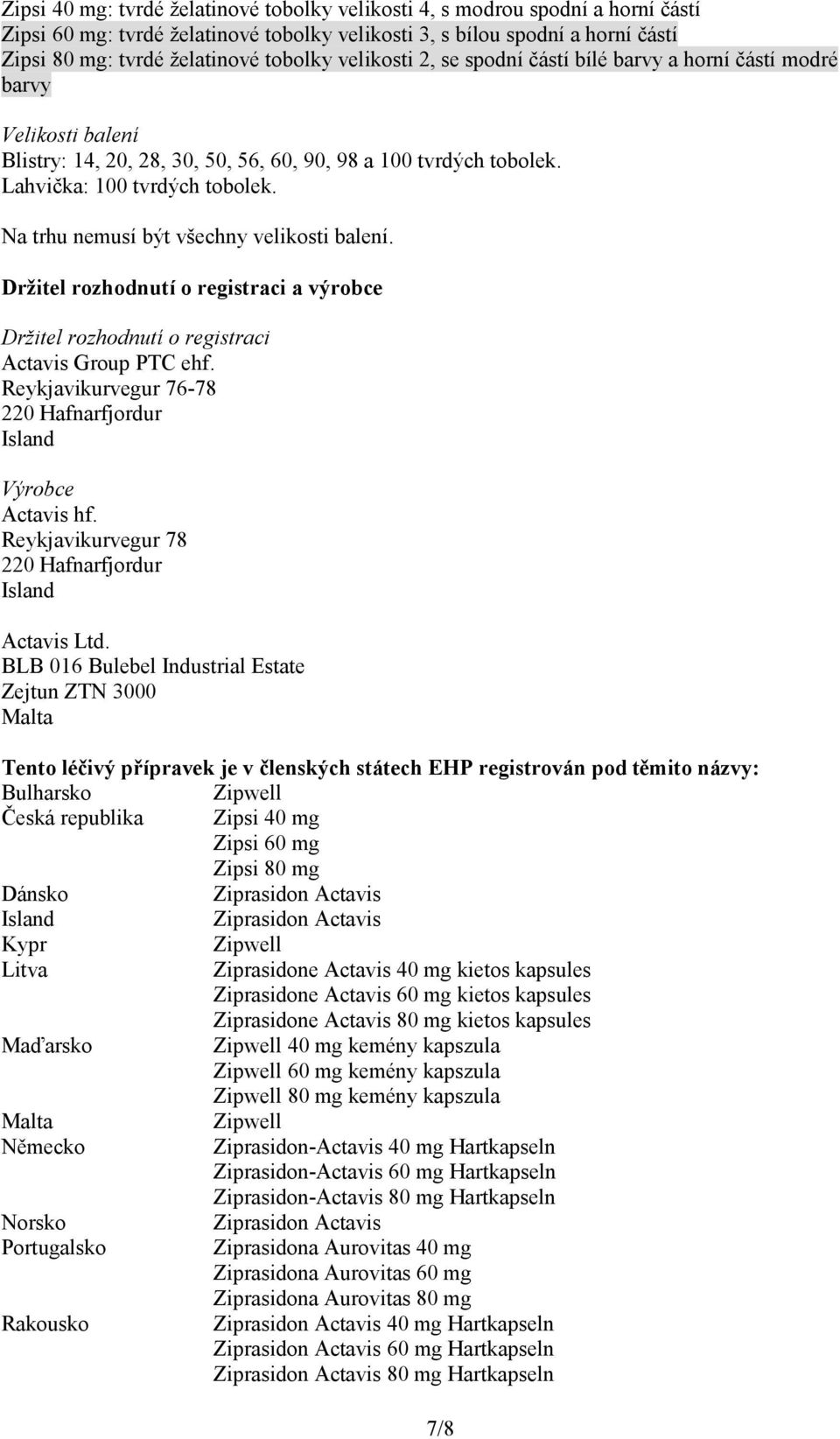 Na trhu nemusí být všechny velikosti balení. Držitel rozhodnutí o registraci a výrobce Držitel rozhodnutí o registraci Actavis Group PTC ehf.