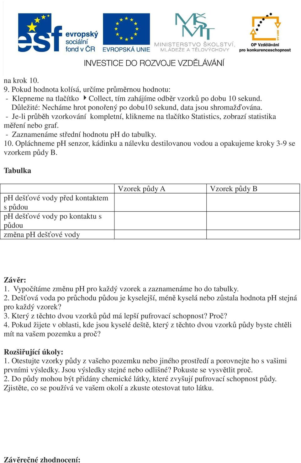 - Zaznamenáme střední hodnotu ph do tabulky. 10. Opláchneme ph senzor, kádinku a nálevku destilovanou vodou a opakujeme kroky 3-9 se vzorkem půdy B.