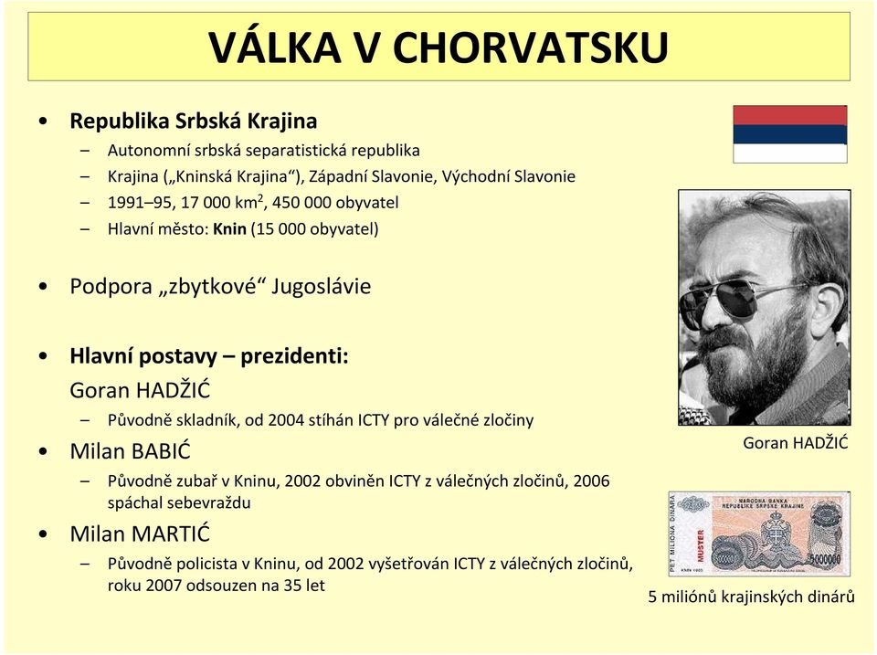 Původně skladník, od 2004 stíhán ICTY pro válečné zločiny Milan BABIĆ Původnězubařv Kninu, 2002 obviněn ICTY z válečných zločinů, 2006 spáchal