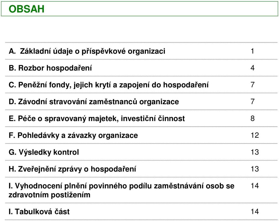 Péče o spravovaný majetek, investiční činnost 8 F. Pohledávky a závazky organizace 12 G.