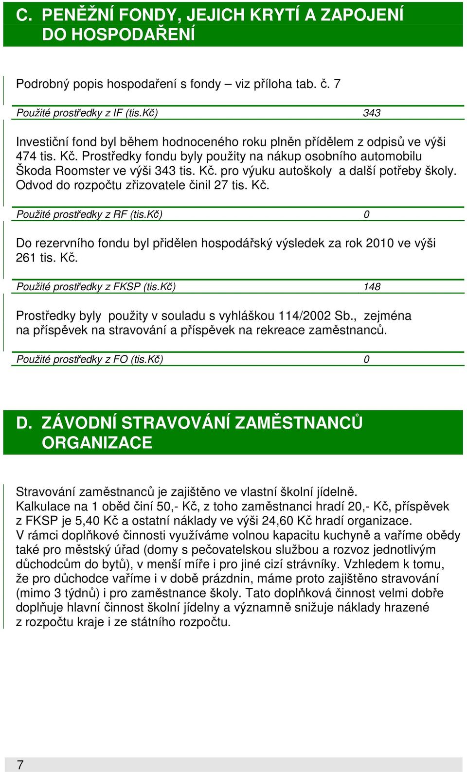 Odvod do rozpočtu zřizovatele činil 27 tis. Kč. Použité prostředky z RF (tis.kč) 0 Do rezervního fondu byl přidělen hospodářský výsledek za rok 2010 ve výši 261 tis. Kč. Použité prostředky z FKSP (tis.