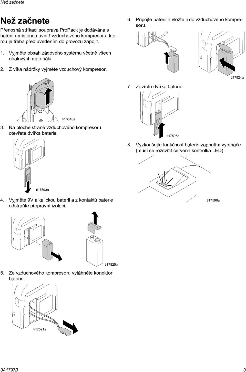 Zavøete dvíøka baterie. ti16510a 3. Na ploché stranì vzduchového kompresoru otevøete dvíøka baterie. ti17595a 8.
