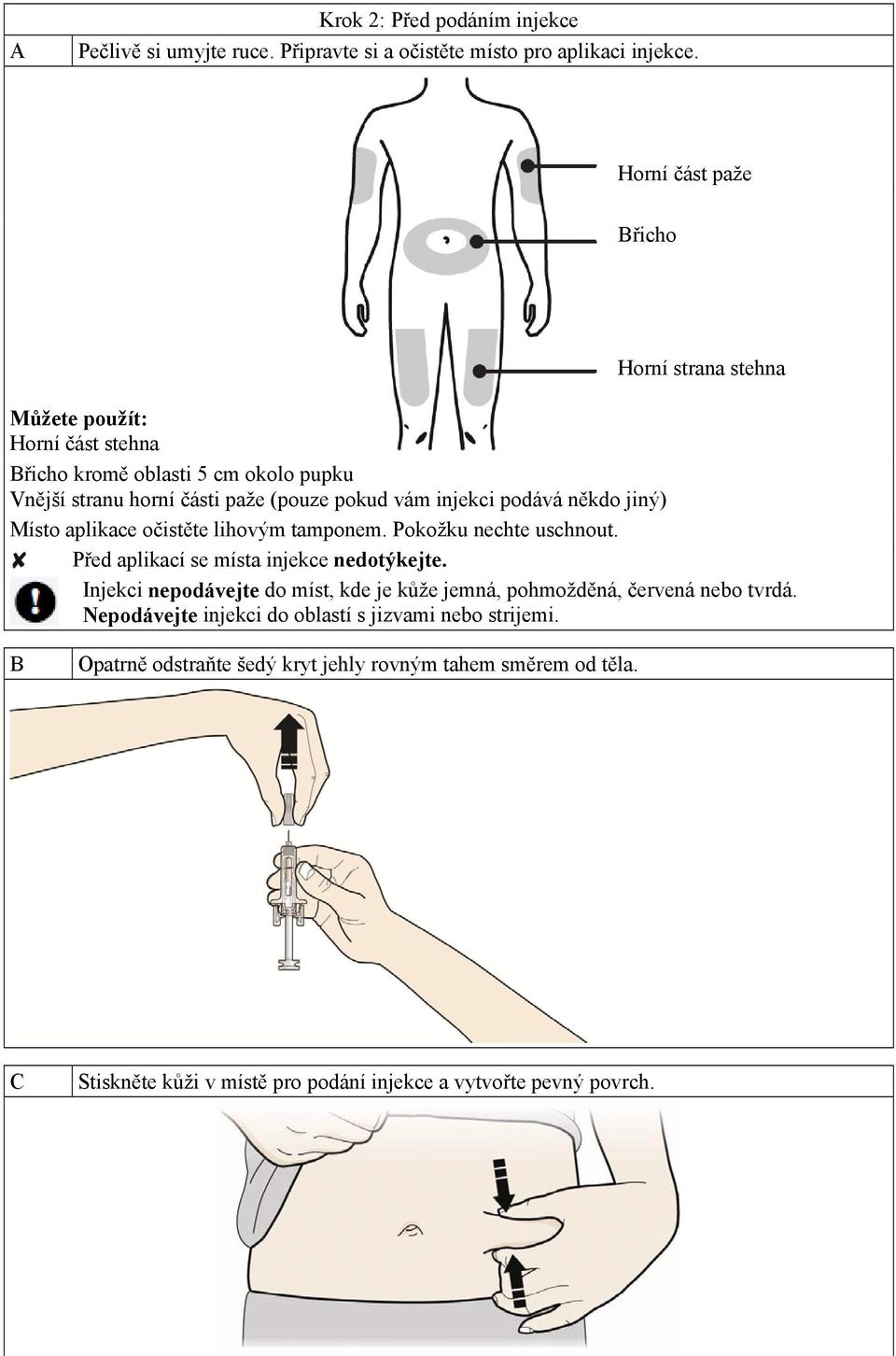 injekci podává někdo jiný) Místo aplikace očistěte lihovým tamponem. Pokožku nechte uschnout. Před aplikací se místa injekce nedotýkejte.