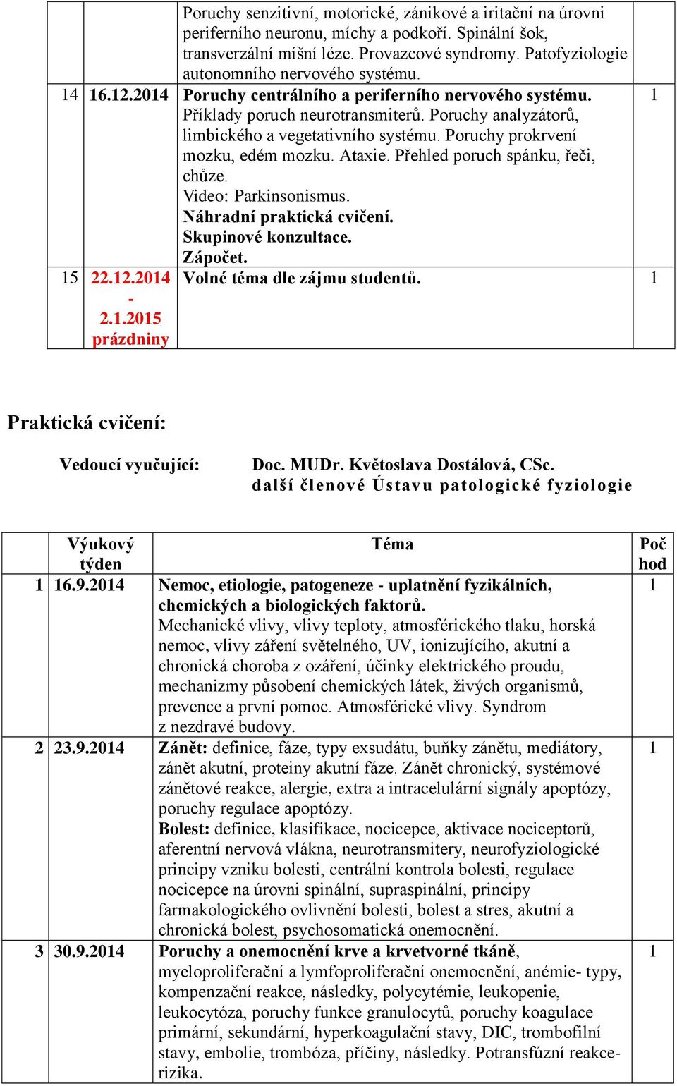 Poruchy prokrvení mozku, edém mozku. Ataxie. Přehled poruch spánku, řeči, chůze. Video: Parkinsonismus. Náhradní praktická cvičení. Skupinové konzultace. Zápočet. 5 22