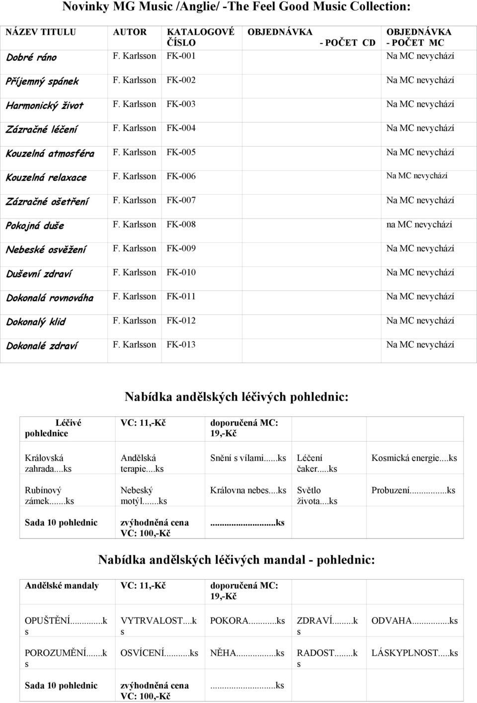 Karlon FK-008 na MC nevychází Nebeké ověžení F. Karlon FK-009 Duševní zdraví F. Karlon FK-010 Dokonalá rovnováha F. Karlon FK-011 Dokonalý klid F. Karlon FK-012 Dokonalé zdraví F.