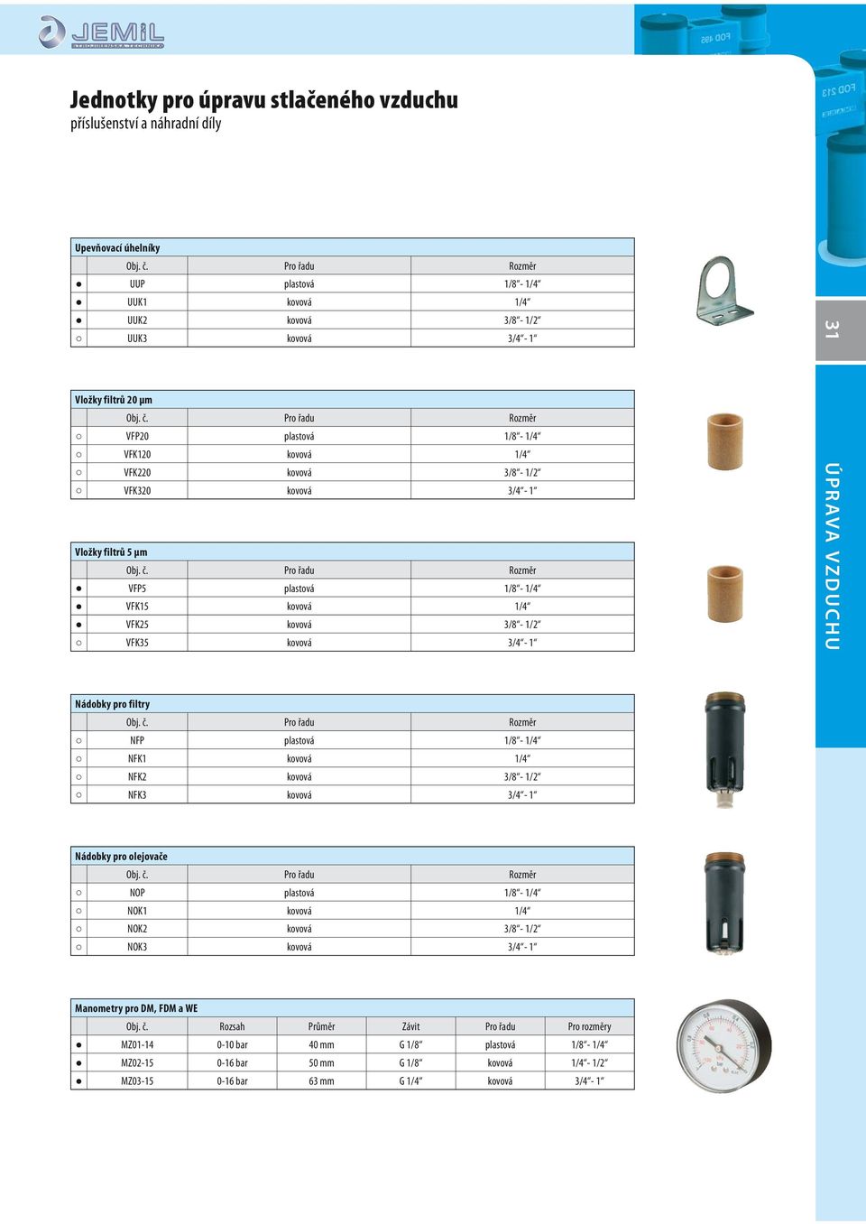 kovová 3/4-1 31 ÚPRAVA VZDUCHU Nádobky pro filtry Pro řadu Rozměr NFP plastová 1/8-1/4 NFK1 kovová 1/4 NFK2 kovová 3/8-1/2 NFK3 kovová 3/4-1 Nádobky pro olejovače Pro řadu Rozměr NOP plastová 1/8-1/4