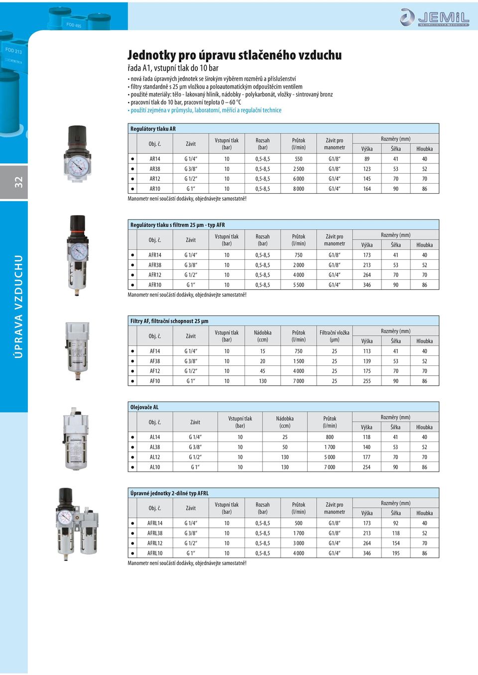 laboratorní, měřící a regulační technice 32 Regulátory tlaku AR Rozsah pro (l/min) manometr Hloubka AR14 G 1/4 10 0,5-8,5 550 G1/8 89 41 40 AR38 G 3/8 10 0,5-8,5 2 500 G1/8 123 53 52 AR12 G 1/2 10