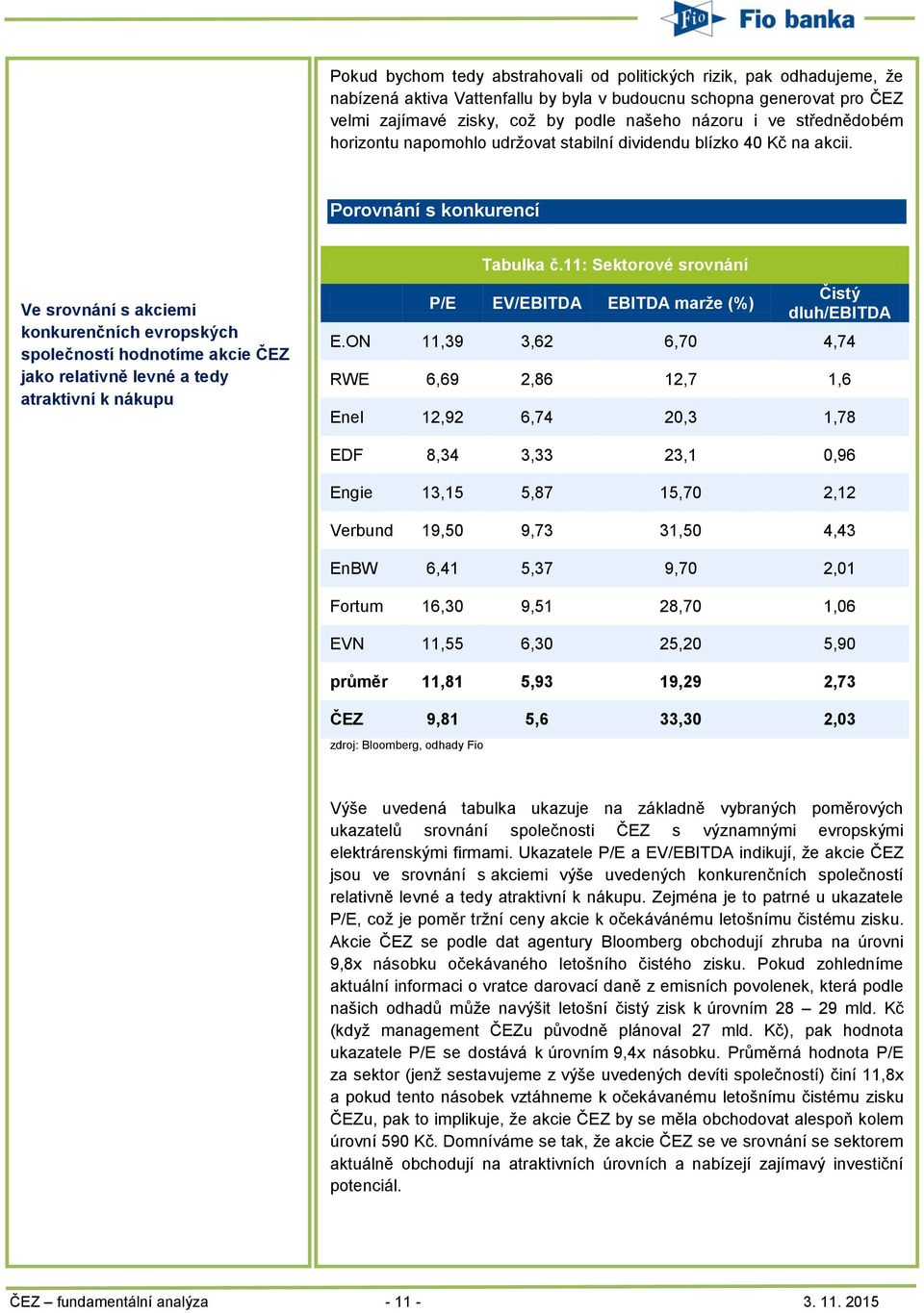 Porovnání s konkurencí Ve srovnání s akciemi konkurenčních evropských společností hodnotíme akcie ČEZ jako relativně levné a tedy atraktivní k nákupu Tabulka č.