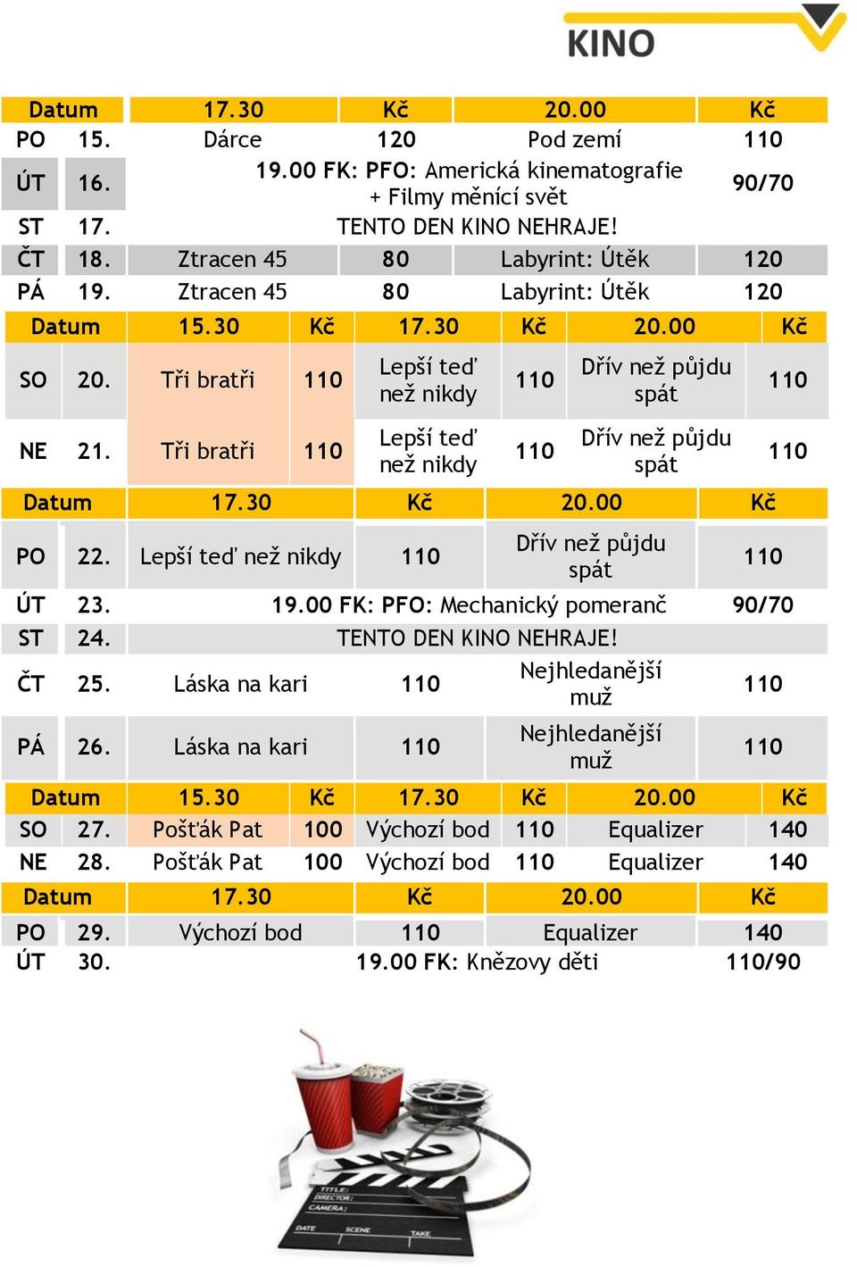 Lepší teď než nikdy Dřív než půjdu spát ÚT 23. 19.00 FK: PFO: Mechanický pomeranč 90/70 ST 24. TENTO DEN KINO NEHRAJE! ČT 25. Láska na kari Nejhledanější muž PÁ 26.