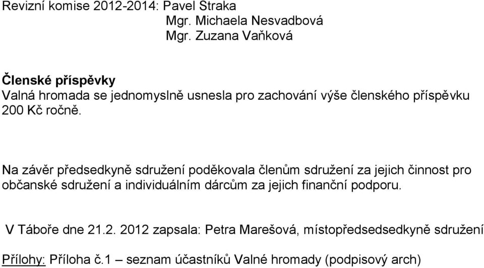 Na závěr předsedkyně sdružení poděkovala členům sdružení za jejich činnost pro občanské sdružení a individuálním dárcům