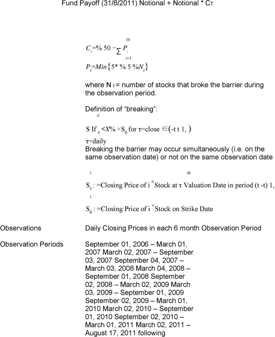 τ : =Closing Price of i th Stock at τ Valuation Date in period (t -t) 1, i S 0 : =Closing Price of i th Stock on Strike Date Observations Daily Closing Prices in each 6 month Observation Period