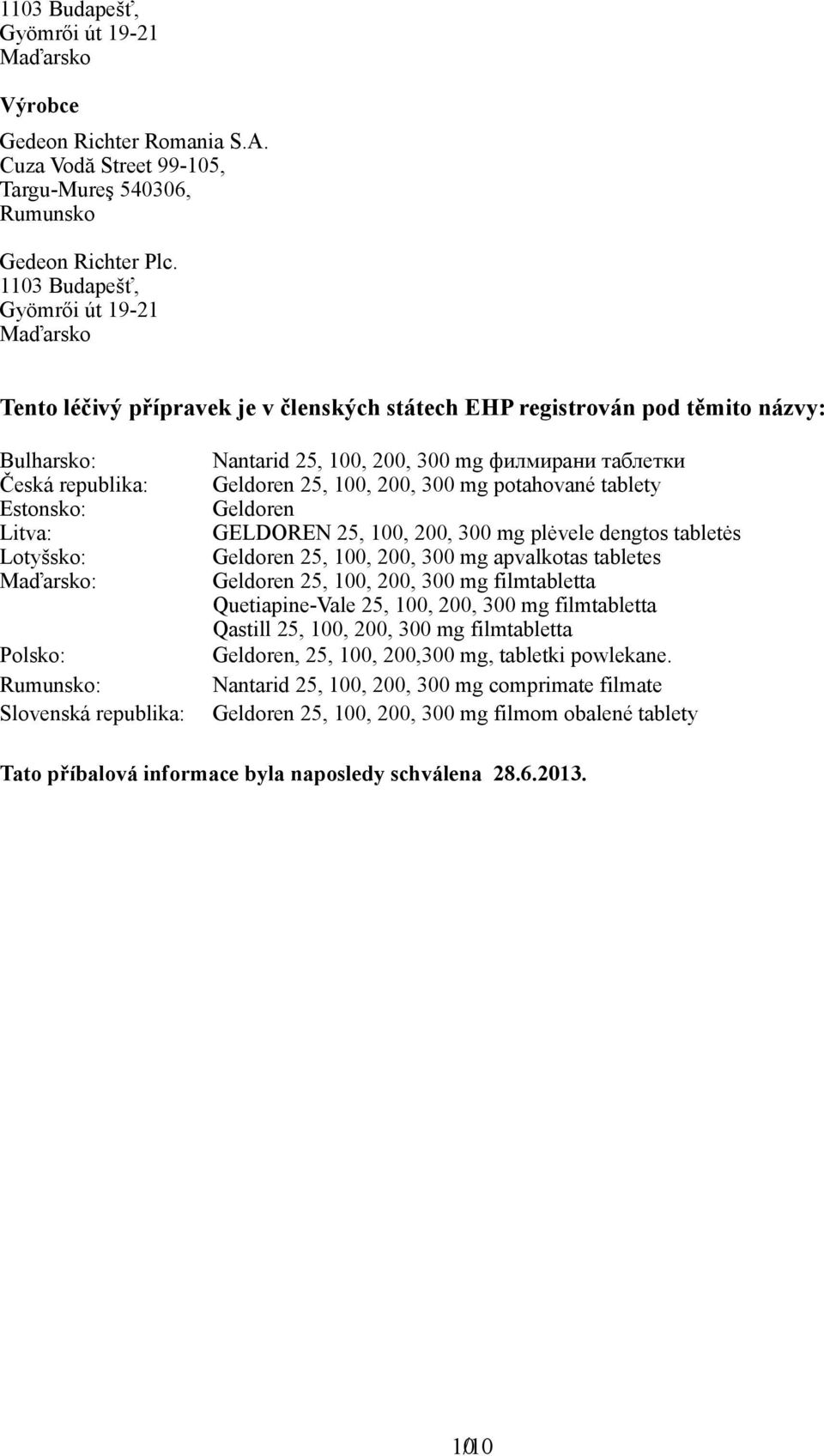 Rumunsko: Slovenská republika: Nantarid 25, 100, 200, 300 mg филмирани таблетки Geldoren 25, 100, 200, 300 mg potahované tablety Geldoren GELDOREN 25, 100, 200, 300 mg plėvele dengtos tabletės