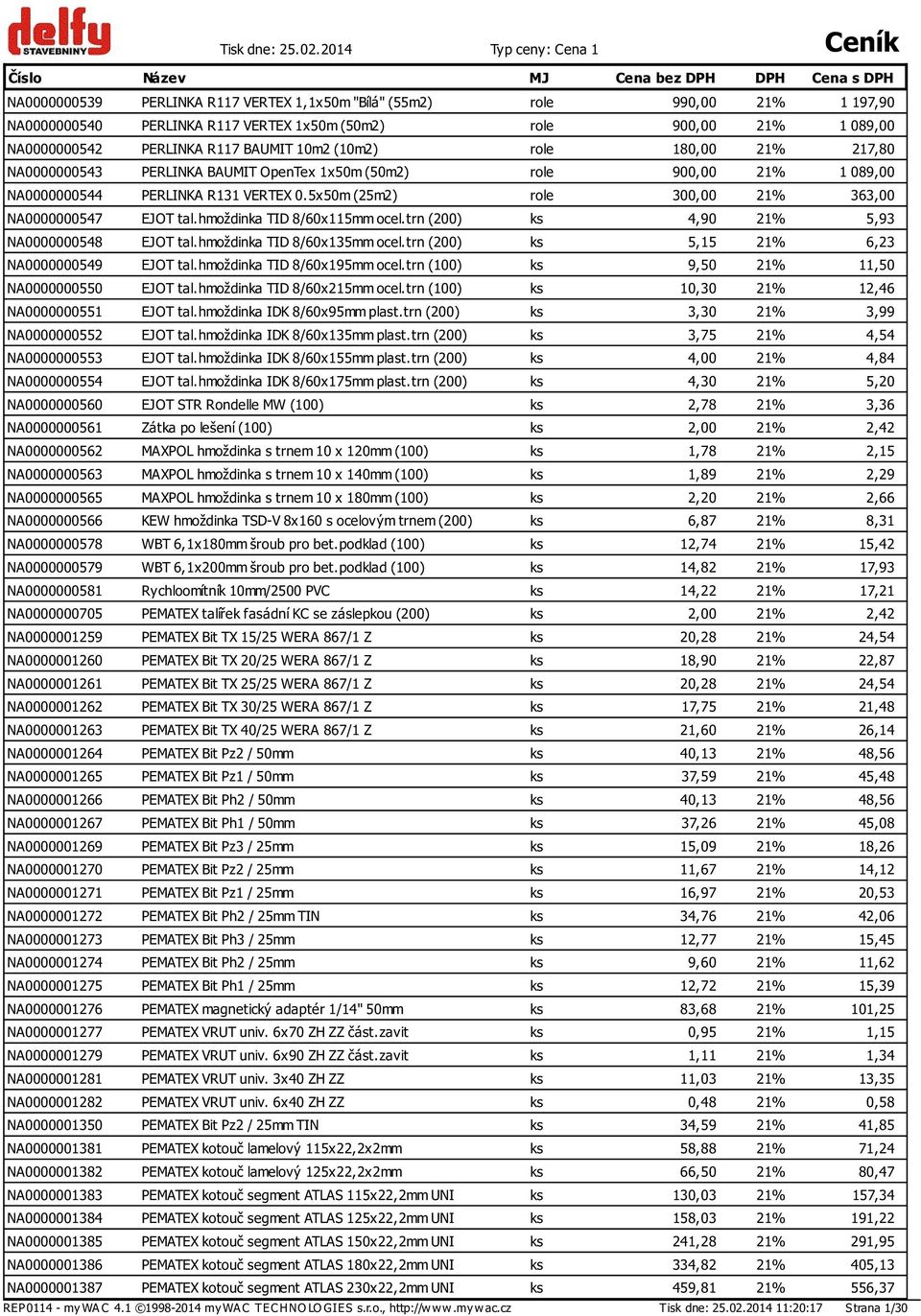 role 900,00 21% 1 089,00 NA0000000542 PERLINKA R117 BAUMIT 10m2 (10m2) role 180,00 21% 217,80 NA0000000543 PERLINKA BAUMIT OpenTex 1x50m (50m2) role 900,00 21% 1 089,00 NA0000000544 PERLINKA R131