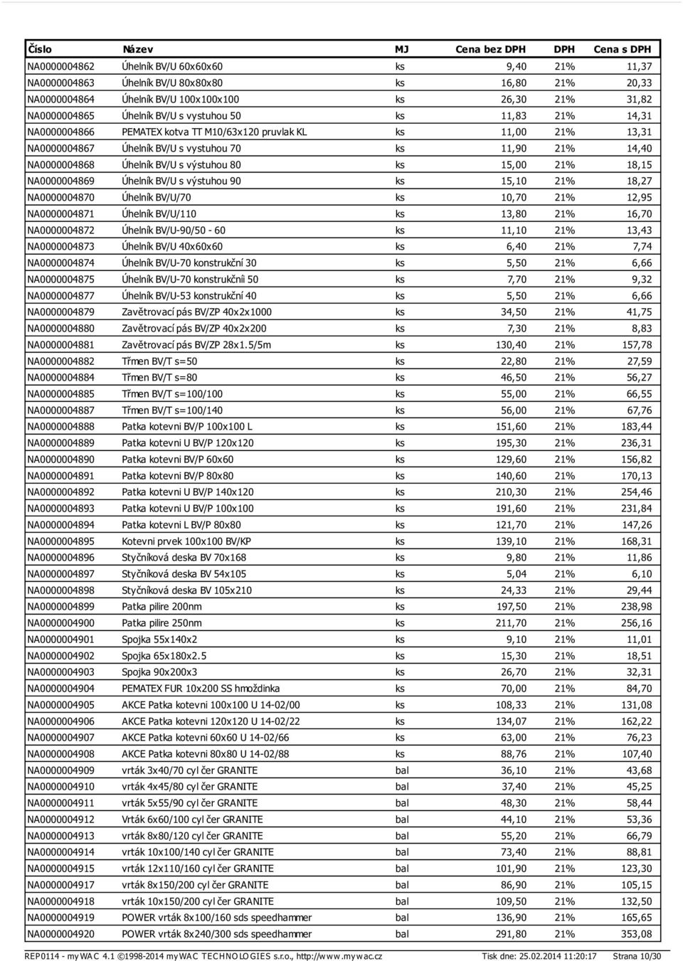 80 ks 15,00 21% 18,15 NA0000004869 Úhelník BV/U s výstuhou 90 ks 15,10 21% 18,27 NA0000004870 Úhelník BV/U/70 ks 10,70 21% 12,95 NA0000004871 Úhelník BV/U/110 ks 13,80 21% 16,70 NA0000004872 Úhelník