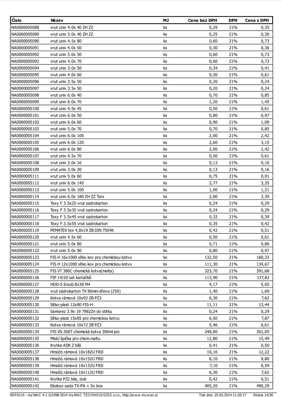 0x 60 ks 0,50 21% 0,61 NA0000005096 vrut univ 3.5x 50 ks 0,20 21% 0,24 NA0000005097 vrut univ 3.5x 50 ks 0,20 21% 0,24 NA0000005098 vrut univ 6.0x 40 ks 0,70 21% 0,85 NA0000005099 vrut univ 6.