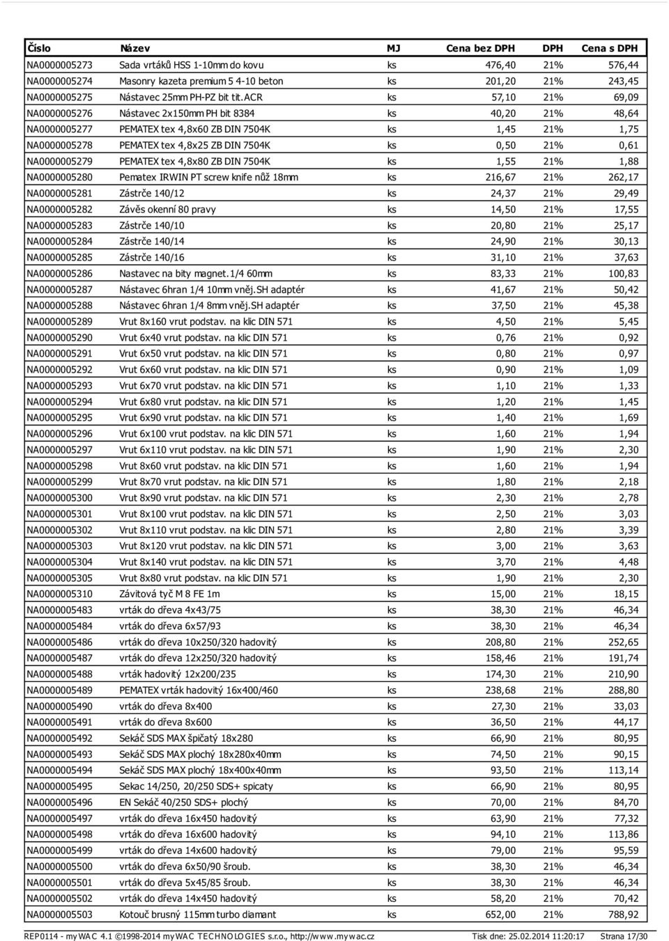 21% 0,61 NA0000005279 PEMATEX tex 4,8x80 ZB DIN 7504K ks 1,55 21% 1,88 NA0000005280 Pematex IRWIN PT screw knife nůž 18mm ks 216,67 21% 262,17 NA0000005281 Zástrče 140/12 ks 24,37 21% 29,49