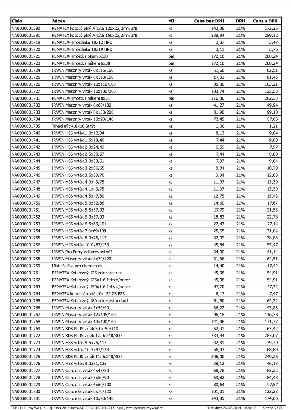 s hákem 6x38 bal 172,10 21% 208,24 NA0000001724 IRWIN Masonry vrták 6x115/160 ks 51,66 21% 62,51 NA0000001725 IRWIN Masonry vrták 8x110/160 ks 67,31 21% 81,45 NA0000001726 IRWIN Masonry vrták