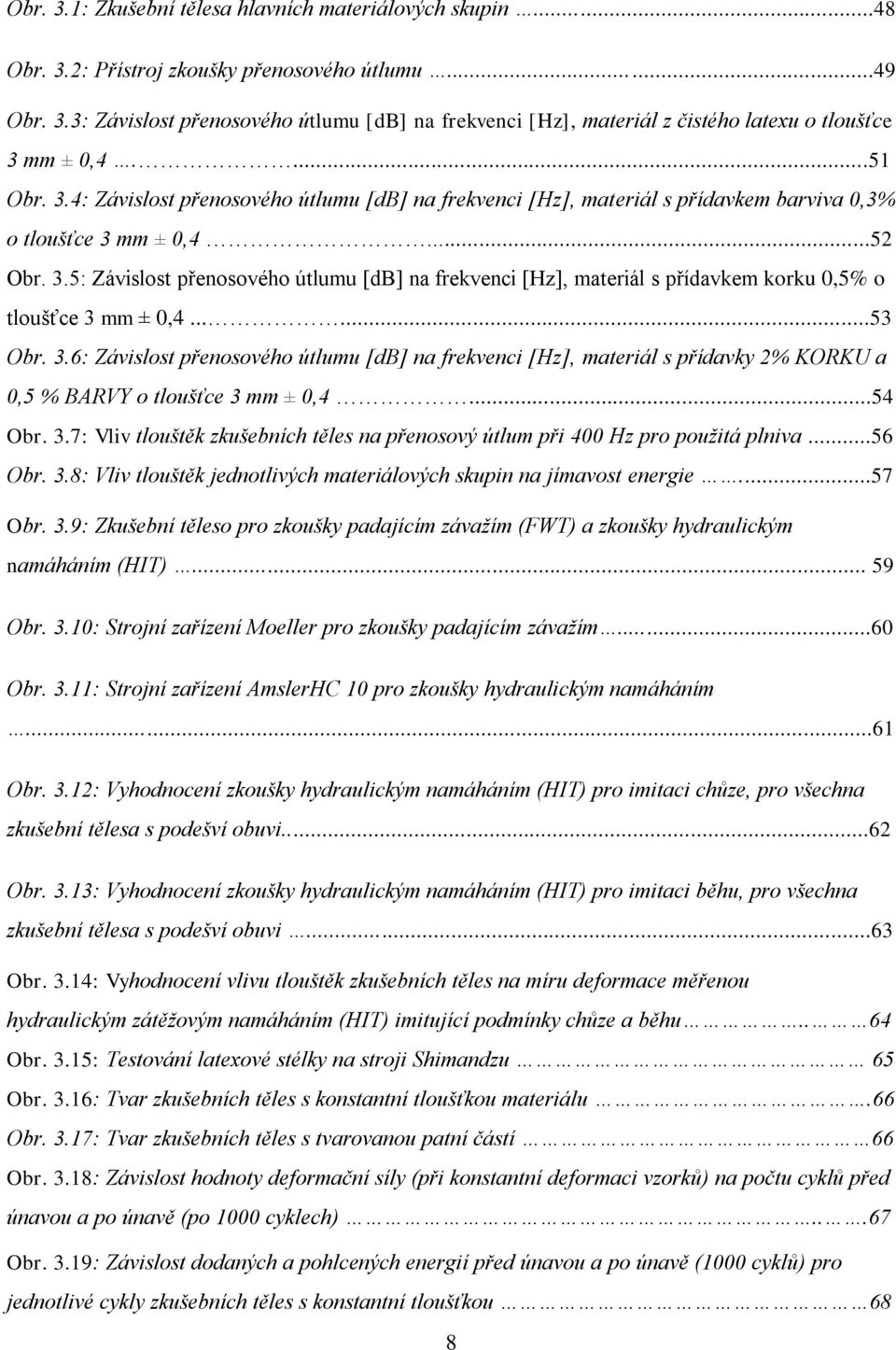 .....53 Obr. 3.6: Závislost přenosového útlumu [db] na frekvenci [Hz], materiál s přídavky 2% KORKU a 0,5 % BARVY o tloušťce 3 mm ± 0,4...54 Obr. 3.7: Vliv tlouštěk zkušebních těles na přenosový útlum při 400 Hz pro použitá plniva.