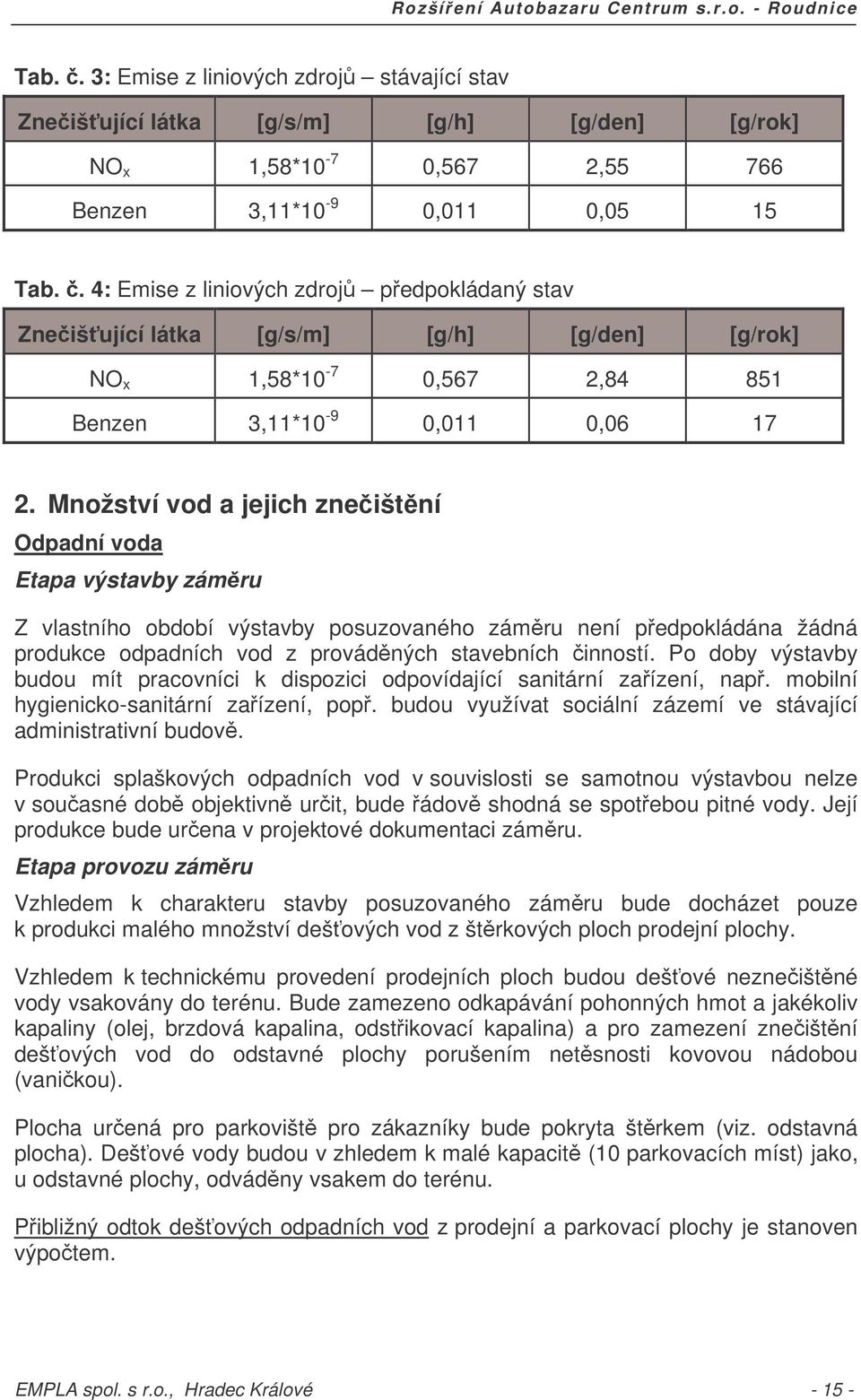 Množství vod a jejich zneištní Odpadní voda Etapa výstavby zámru Z vlastního období výstavby posuzovaného zámru není pedpokládána žádná produkce odpadních vod z provádných stavebních inností.