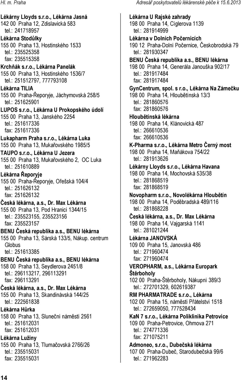 : 251617336 fax: 251617336 Lukapharm Praha s.r.o., Luka 155 00 Praha 13, Mukařovského 1985/5 TAUPO s.r.o., U Jezera 155 00 Praha 13, Mukařovského 2, OC Luka tel.