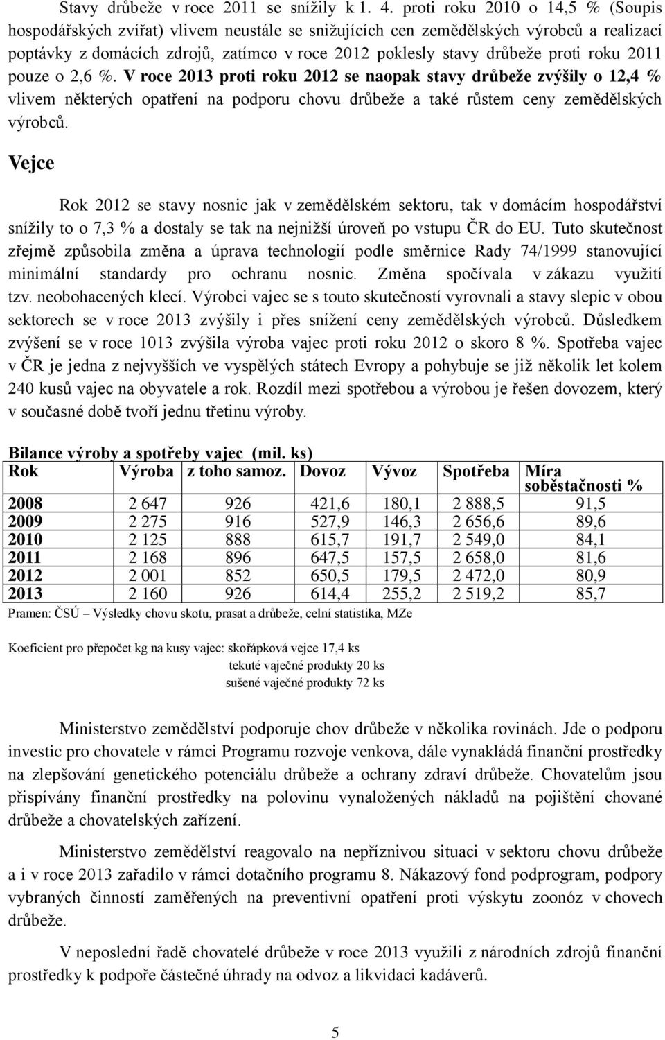 roku 2011 pouze o 2,6 %. V roce 2013 proti roku 2012 se naopak stavy drůbeže zvýšily o 12,4 % vlivem některých opatření na podporu chovu drůbeže a také růstem ceny zemědělských výrobců.