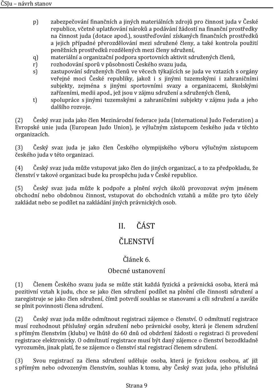 organizační podpora sportovních aktivit sdružených členů, r) rozhodování sporů v působnosti Českého svazu juda, s) zastupování sdružených členů ve věcech týkajících se juda ve vztazích s orgány