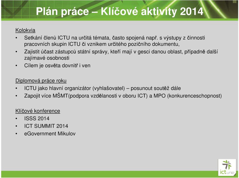 gesci danou oblast, případně další zajímavé osobnosti Cílem je osvěta dovnitř i ven Diplomová práce roku ICTU jako hlavní organizátor