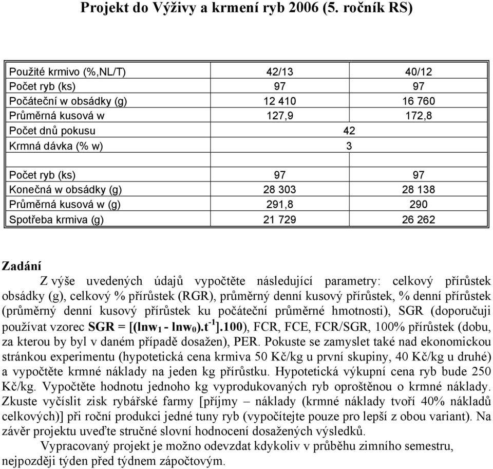 pokusu 42 Krmná dávka (% w) 3 Počet ryb (ks) 97 97 Konečná w obsádky