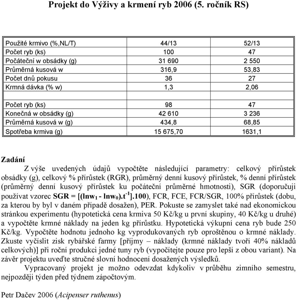 2,06 Počet ryb (ks) 98 47 Konečná w obsádky (g) 42 610 3 236 Průměrná kusová w (g)