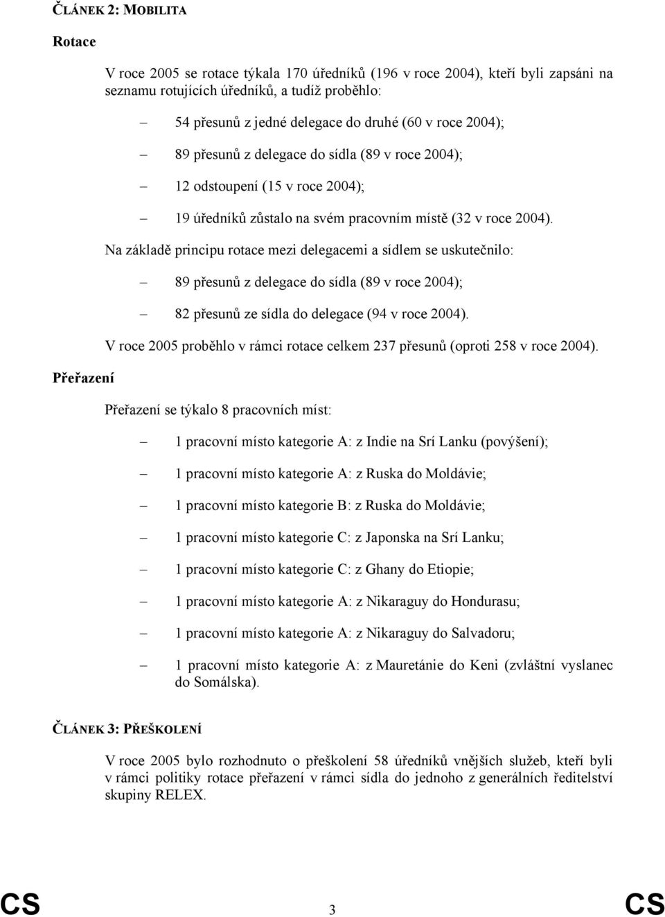 Na základě principu rotace mezi delegacemi a sídlem se uskutečnilo: 89 přesunů z delegace do sídla (89 v roce 2004); 82 přesunů ze sídla do delegace (94 v roce 2004).