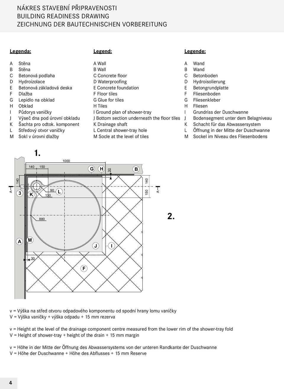 komponent L Středový otvor vaničky M Sokl v úrovni dlažby Legend: Wall B Wall C Concrete floor D Waterproofing E Concrete foundation F Floor tiles G Glue for tiles H Tiles I Ground plan of