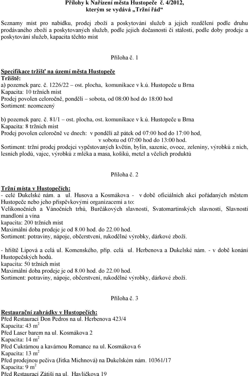 doby prodeje a poskytování, kapacita těchto míst Příloha č. 1 Specifikace tržišť na úz