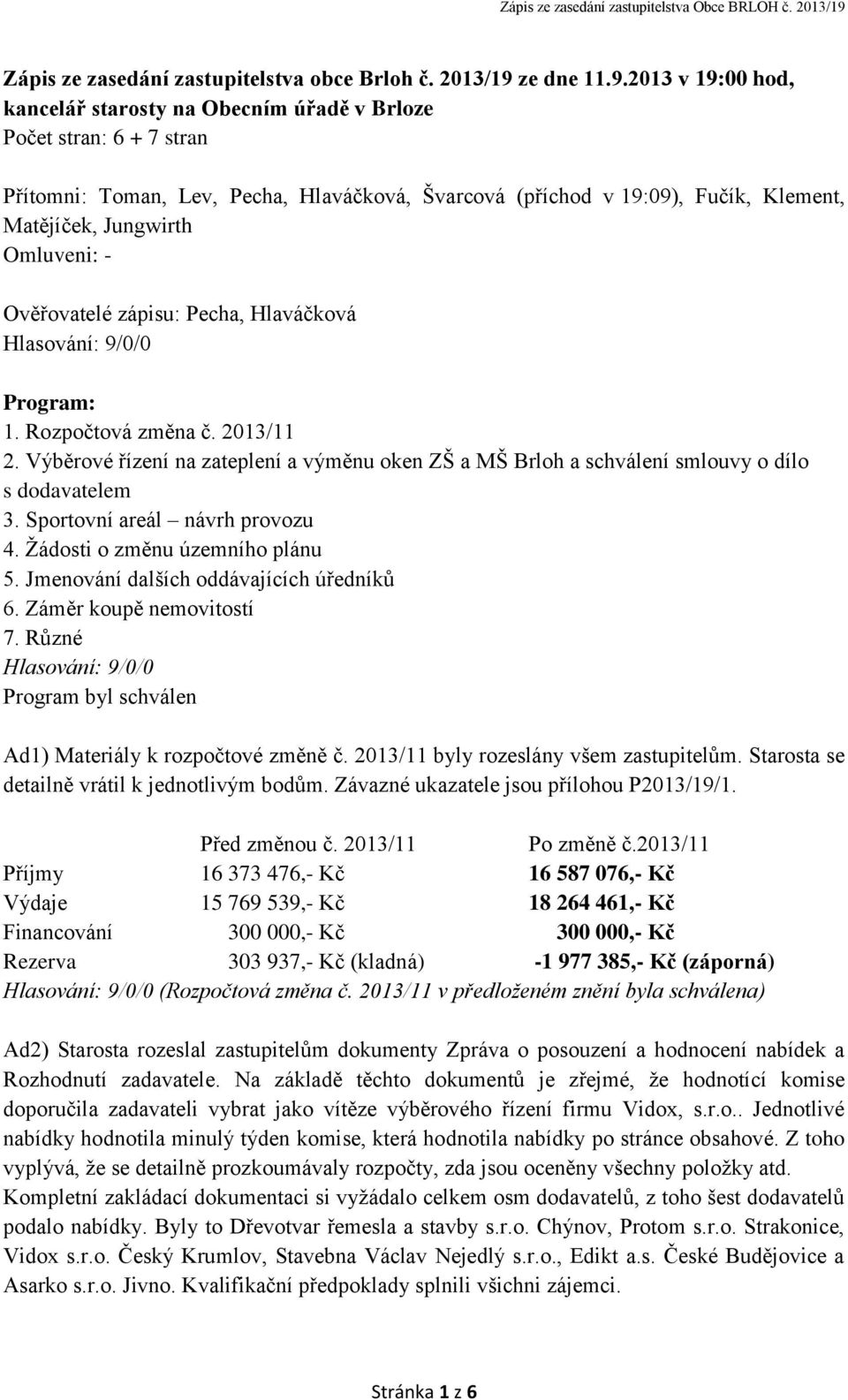 2013 v 19:00 hod, kancelář starosty na Obecním úřadě v Brloze Počet stran: 6 + 7 stran Přítomni: Toman, Lev, Pecha, Hlaváčková, Švarcová (příchod v 19:09), Fučík, Klement, Matějíček, Jungwirth