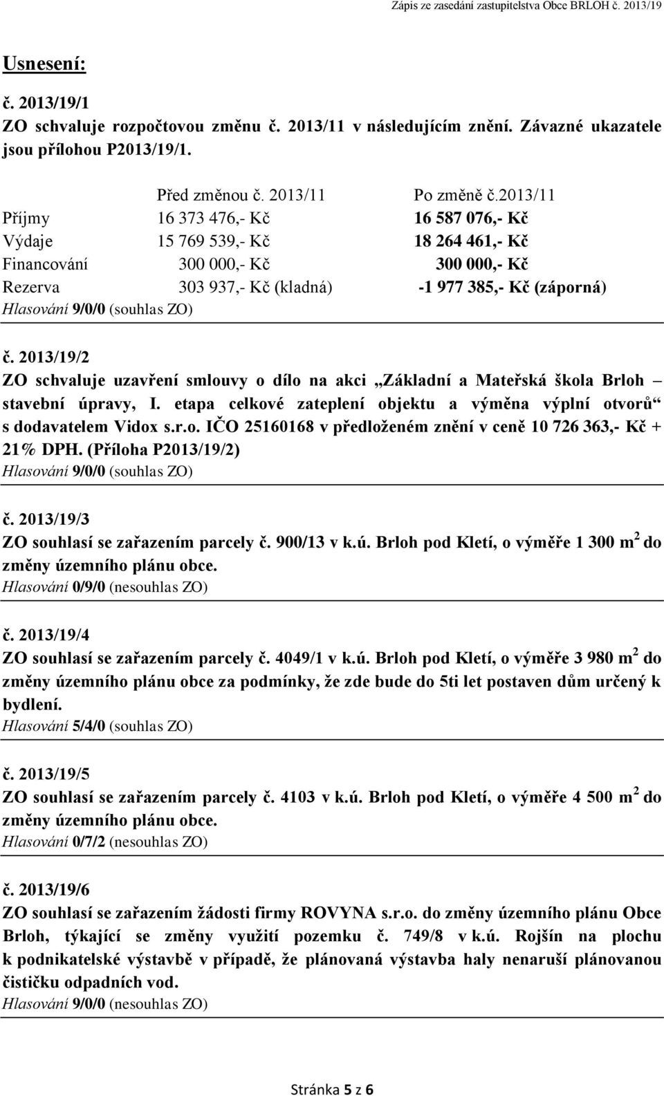 2013/19/2 ZO schvaluje uzavření smlouvy o dílo na akci Základní a Mateřská škola Brloh stavební úpravy, I. etapa celkové zateplení objektu a výměna výplní otvorů s dodavatelem Vidox s.r.o. IČO 25160168 v předloženém znění v ceně 10 726 363,- Kč + 21% DPH.