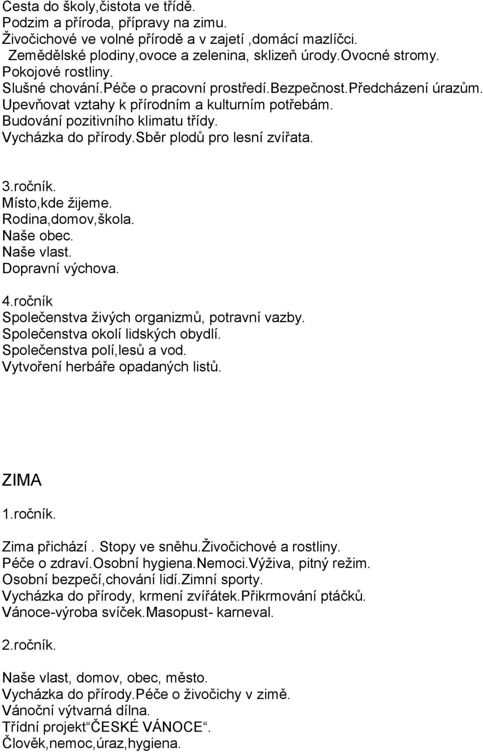 sběr plodů pro lesní zvířata. 3.ročník. Místo,kde žijeme. Rodina,domov,škola. Naše obec. Naše vlast. Dopravní výchova. 4.ročník Společenstva živých organizmů, potravní vazby.