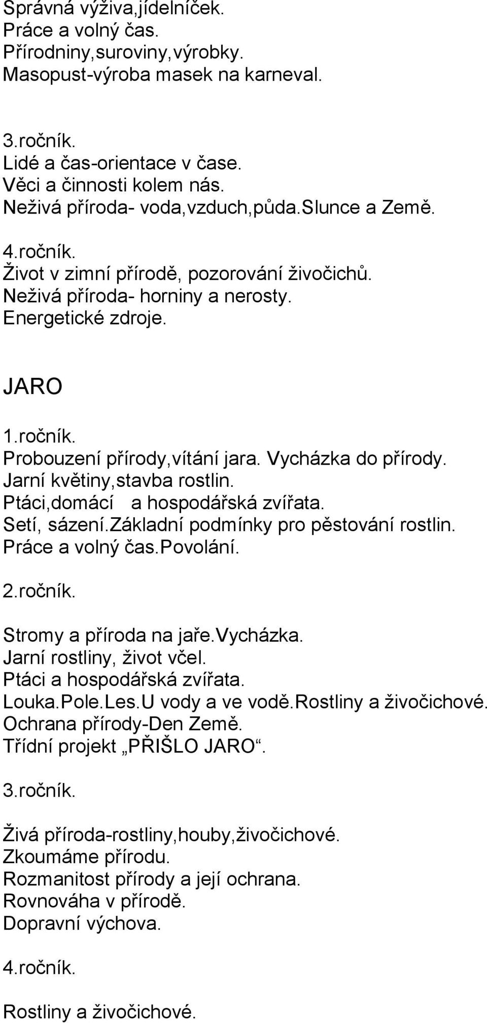 Vycházka do přírody. Jarní květiny,stavba rostlin. Ptáci,domácí a hospodářská zvířata. Setí, sázení.základní podmínky pro pěstování rostlin. Práce a volný čas.povolání. 2.ročník.