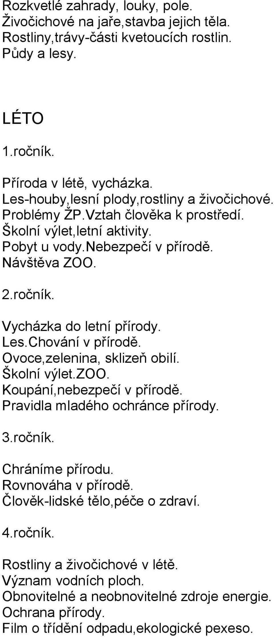 Vycházka do letní přírody. Les.Chování v přírodě. Ovoce,zelenina, sklizeň obilí. Školní výlet.zoo. Koupání,nebezpečí v přírodě. Pravidla mladého ochránce přírody. 3.ročník.