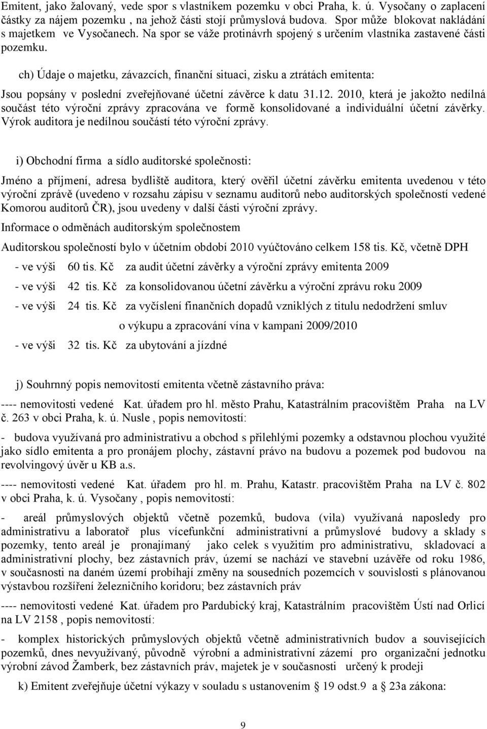 ch) Údaje o majetku, závazcích, finanční situaci, zisku a ztrátách emitenta: Jsou popsány v poslední zveřejňované účetní závěrce k datu 31.12.