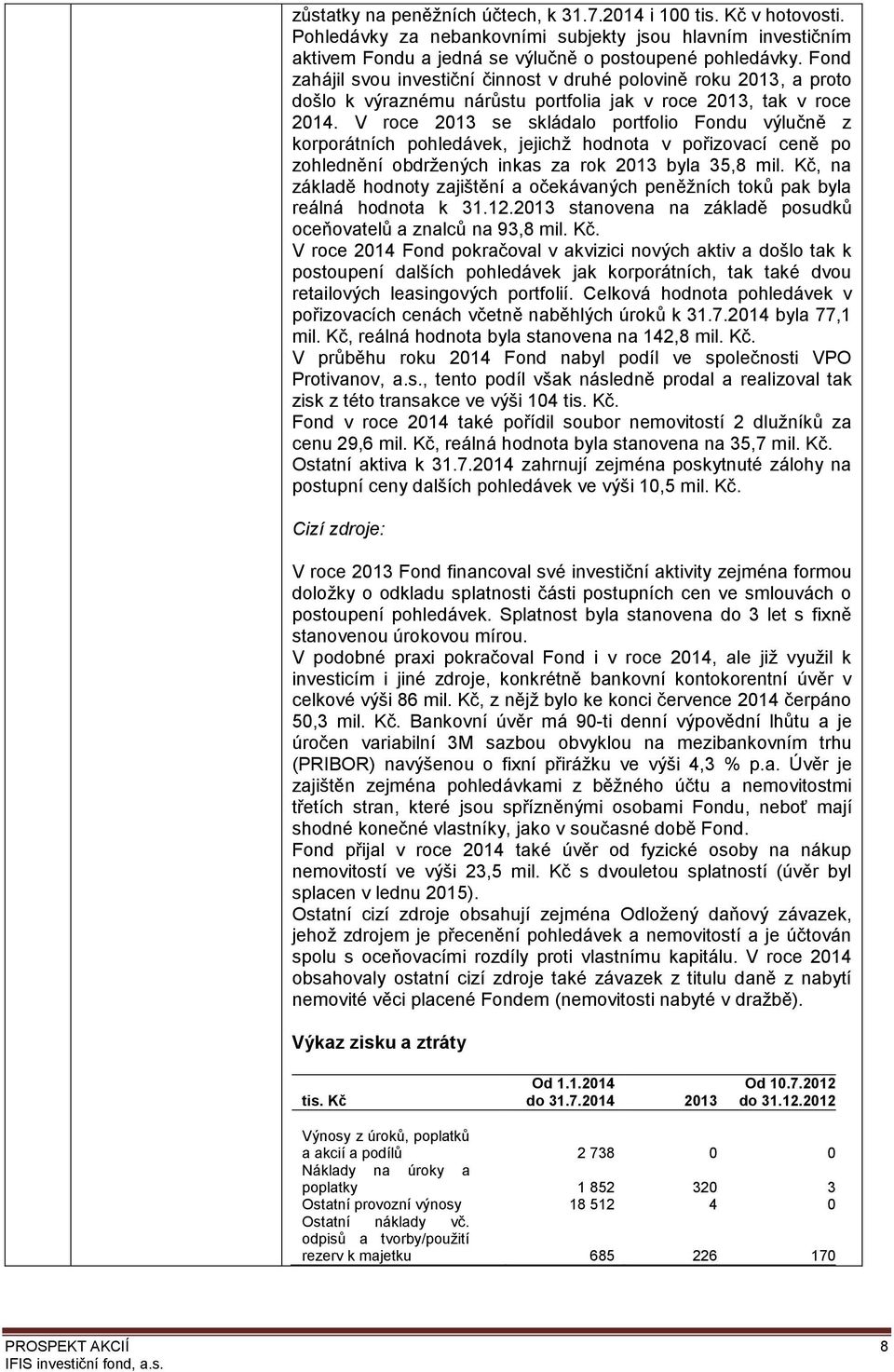 V roce 2013 se skládalo portfolio Fondu výlučně z korporátních pohledávek, jejichž hodnota v pořizovací ceně po zohlednění obdržených inkas za rok 2013 byla 35,8 mil.