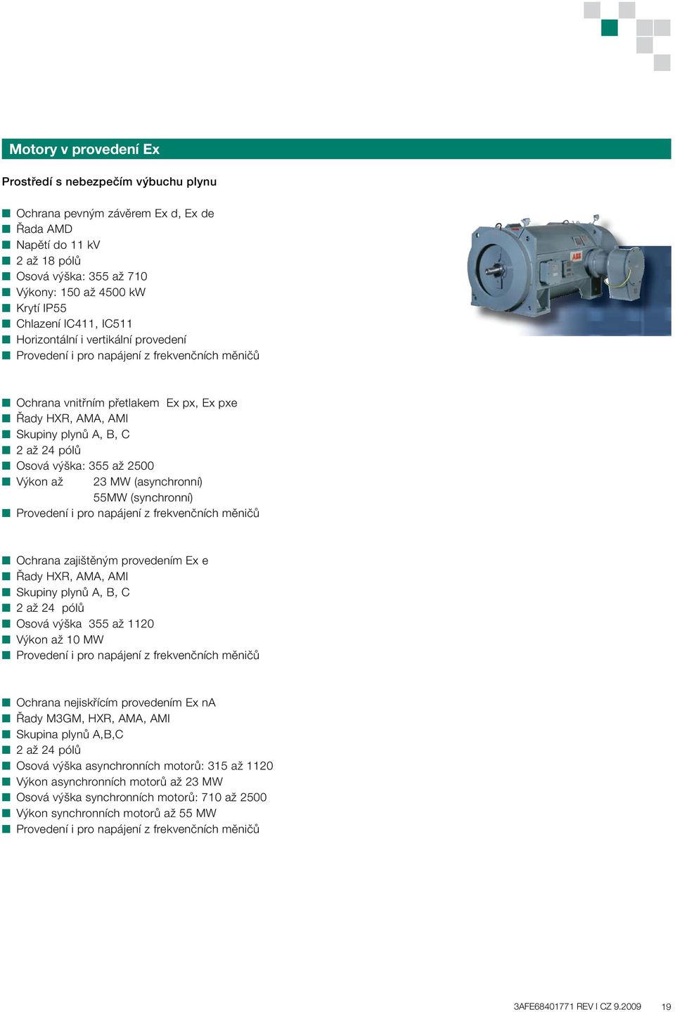 výška: 355 až 2500 Výkon až 23 MW (asynchronní) 55MW (synchronní) Provedení i pro napájení z frekvenčních měničů Ochrana zajištěným provedením Ex e Řady HXR, AMA, AMI Skupiny plynů A, B, C 2 až 24