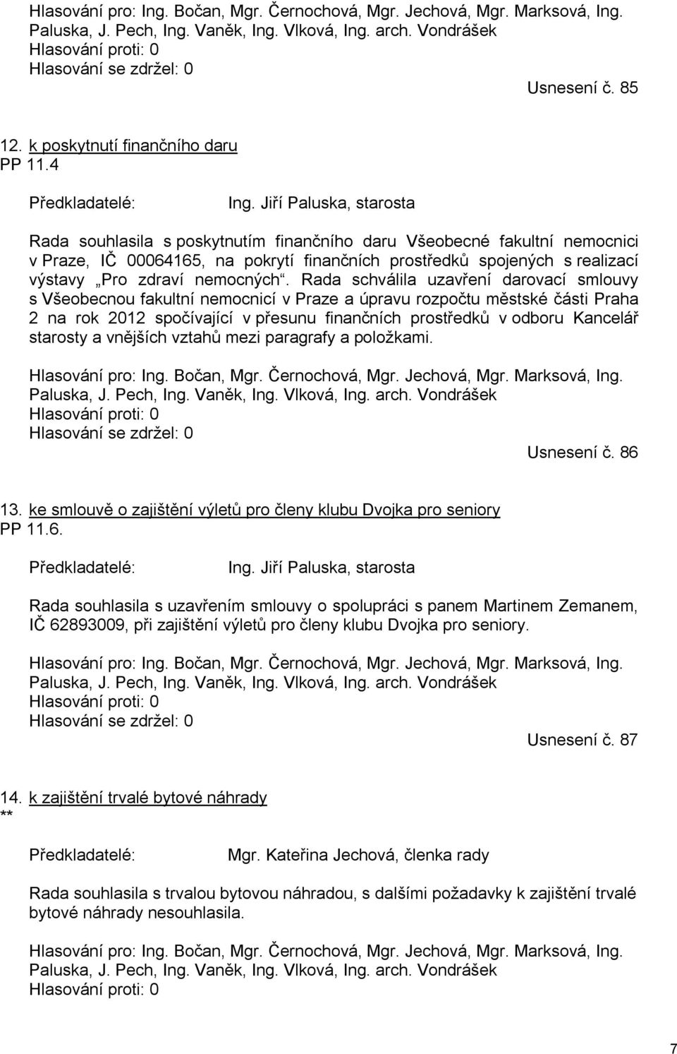 Jiří Paluska, starosta Rada souhlasila s poskytnutím finančního daru Všeobecné fakultní nemocnici v Praze, IČ 00064165, na pokrytí finančních prostředků spojených s realizací výstavy Pro zdraví